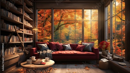 cozy reading room with a sofa, a bookshelf, and a large window with a picturesque view of the forest with colorful autumn leaves. 3D rendering 
