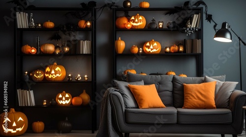 Interior design cozy corner Halloween theme. Pumpkin, jack, jack-o-lantern, minimalist famous style. Black, white, cream, grey, and orange are original spooky colors. 3D rendering 