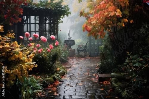 misty foggy garden in autumn landscape in the rain. November gardening.