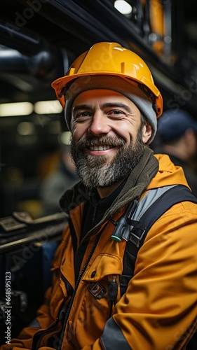 view of a pleased worker using an oil drilling machine in close proximity to his work .