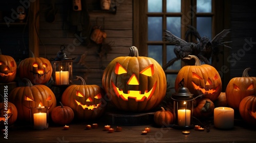 holidays, decoration, and party concept - homeroom with jack-o-lanterns or pumpkins on the sofa and Halloween decorations 3D rendering 