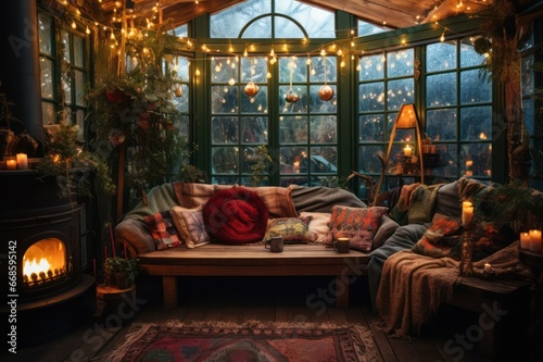 boho house interior with sofa, pillow and lights decorated for Christmas