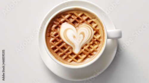 Cup of coffee with heart shape latte art on white background. Cafe concept with a copy space.