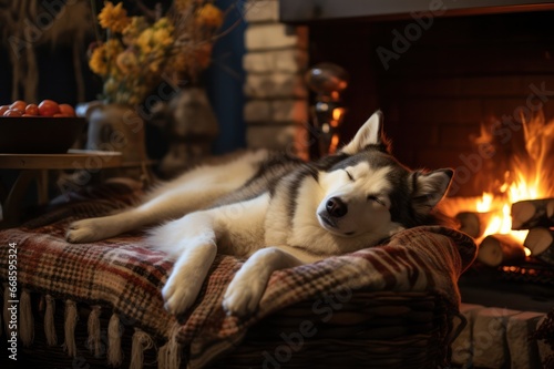 husky dog sleeping in cozy room near fireplace