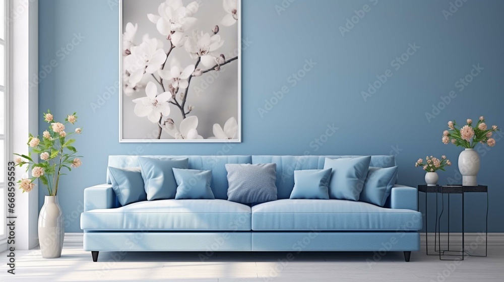 Modern blue living room design with sofa and furniture. Blurred bright ...