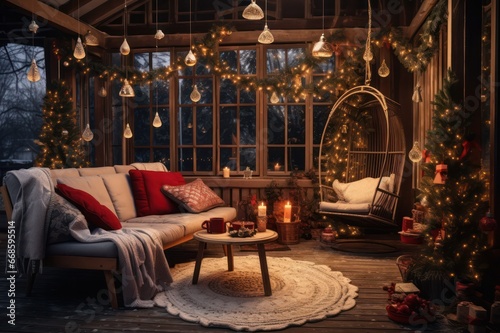 interior of the house terrace with couch and swing decorated for Christmas and lights