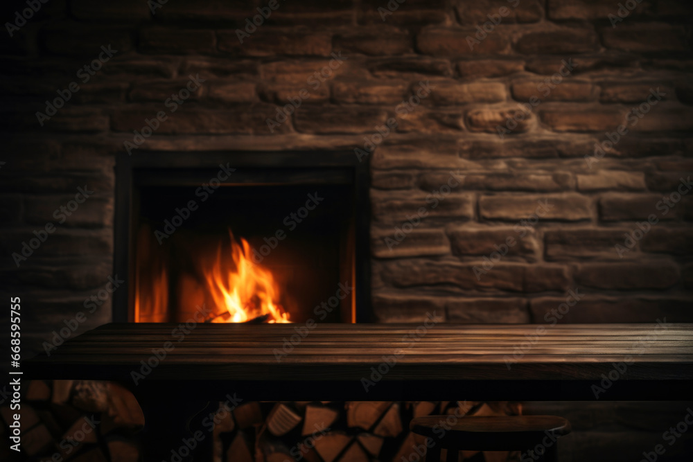 Wooden table in front of a fireplace on a brick wall background. High quality photo Wooden table in front of a fireplace on a brick wall background. High quality photo