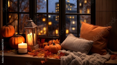 Stylish pumpkin pillows, fall leaves, candles, lights, and cute building decorations on a brown scarf on windowsill. 3D rendering © Ahtesham