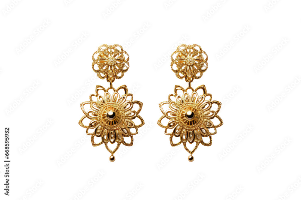 Detailed Gold Earrings Close Up Isolated On Transparent Background.
