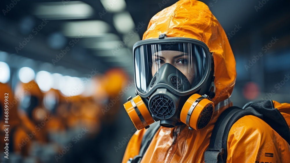 chemical industry worker donning gas masks and PPE safety gear . chemical industry worker donning gas masks and PPE safety gear .
