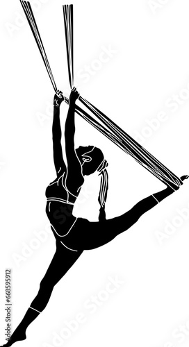 Fitness and Creativity: Vector Illustration of Gymnast in Aerial Silk Performance, Balancing Act: Cartoon Illustration of Gymnast Performing Aerial Silk Routine