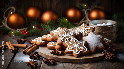 Gingerbread star shaped cookies with cinnamon and cardiac on a wooden table. Christmas holiday food