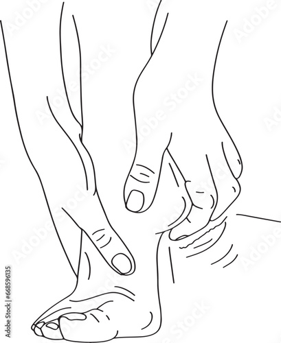 Foot Pain Troubles: Vector Illustration of Woman Experiencing Ankle Pain, Ankle Pain Concept: Cartoon Drawing of Woman's Hand Touching Foot, Ankle Support Concept, Walking Strain