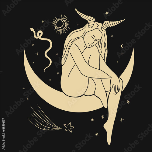 Vintage vintage engraving style. Abstract woman silhouette. Spiritual origin of the universe of magic and space, phases of the moon