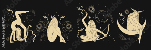 Vintage vintage engraving style. Abstract woman silhouette. Spiritual origin of the universe of magic and space, phases of the moon