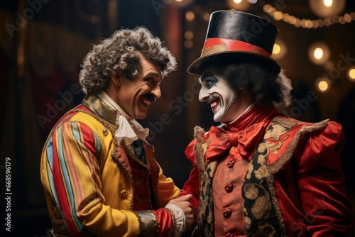 A ringmaster is interacting with a clown in a circus show photo