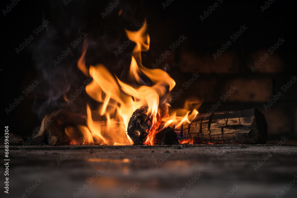 Flames of fire in a fireplace on the marble floor with brick wall dark background. High quality photo Flames of fire in a fireplace on the marble floor with brick wall dark background. High quality photo