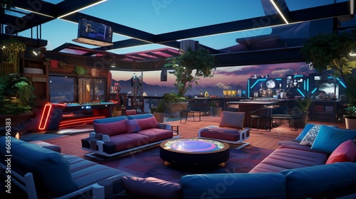 A private outdoor gaming lounge with arcade games, VR setups, and plush seating. photo