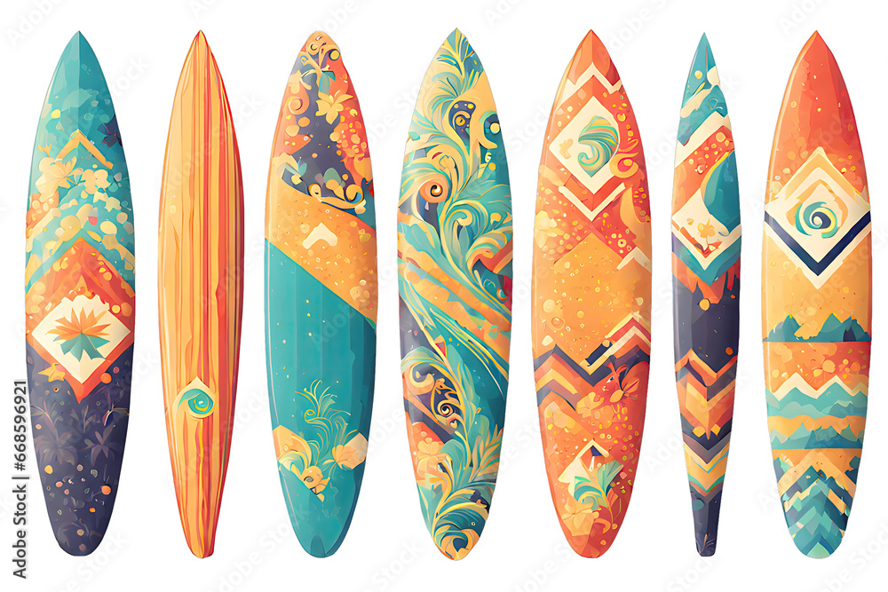 set of surfboard in colorful pattern design with removed background, sport concept, generative ai set of surfboard in colorful pattern design with removed background, sport concept, generative ai