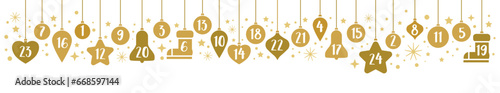 Advent Calendar banner - Christmas baubles golden color with numbers 1 to 24 showing advent calendar for xmas and winter time