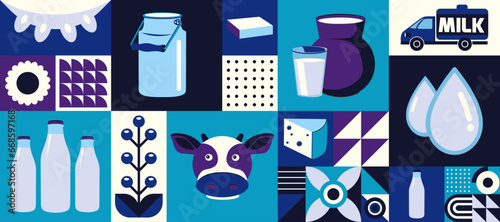 Milk. Bauhaus style. Seamless geometric food pattern. Template for background, banner, card, poster. Vector illustration.	