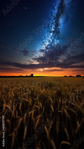 Milky Way over wheat field. 3D render. Fantasy landscape. © Samira