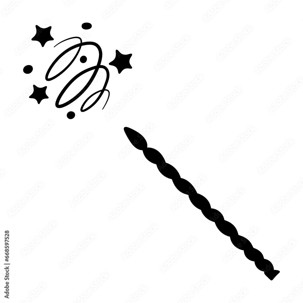 Witchcraft with a magic wand. Silhouette. A twisted wand twisted in a spiral creates a swirling movement of fairy dust. Miracle tool. Vector illustration. Isolated background. Idea for web design. - obrazy, fototapety, plakaty 
