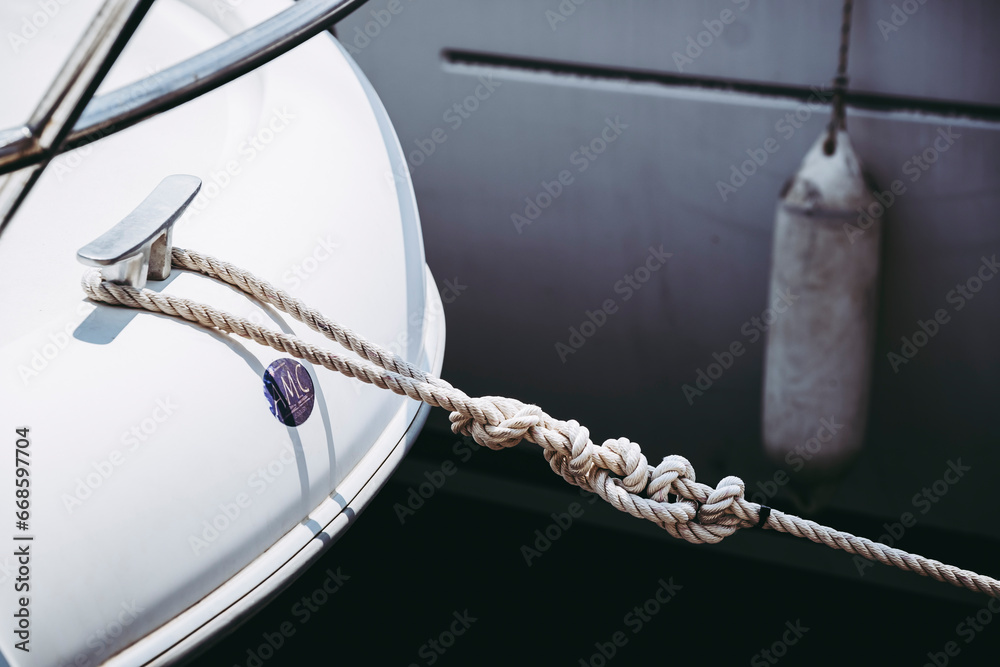 Détail équipement sur un bateau voilier - Cordage avec noeud marin