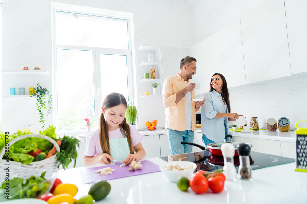 Photo of charming sweet husband wife little girl enjoying morning cooking breakfast together indoors apartment kitchen Photo of charming sweet husband wife little girl enjoying morning cooking breakfast together indoors apartment kitchen