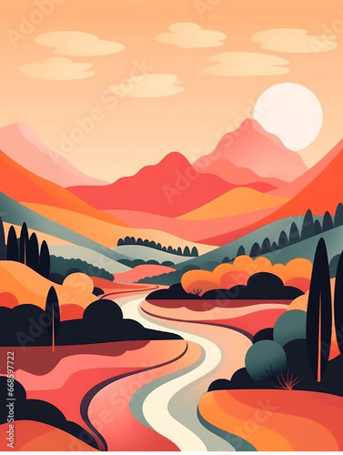 Landscape with river, house and mountains at sunset. Vector illustration.