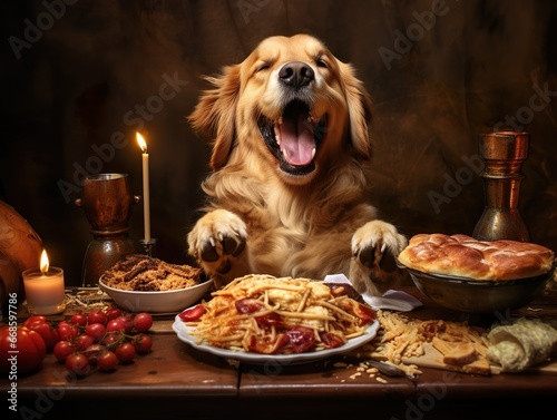 Joyful dog indulging in homemade cuisine from its dish