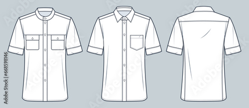 Slim fit Shirt technical fashion Illustration. Short Sleeve Shirt fashion flat technical drawing template, different collars and pockets, front, back view, white, women, men, unisex CAD mockup set.