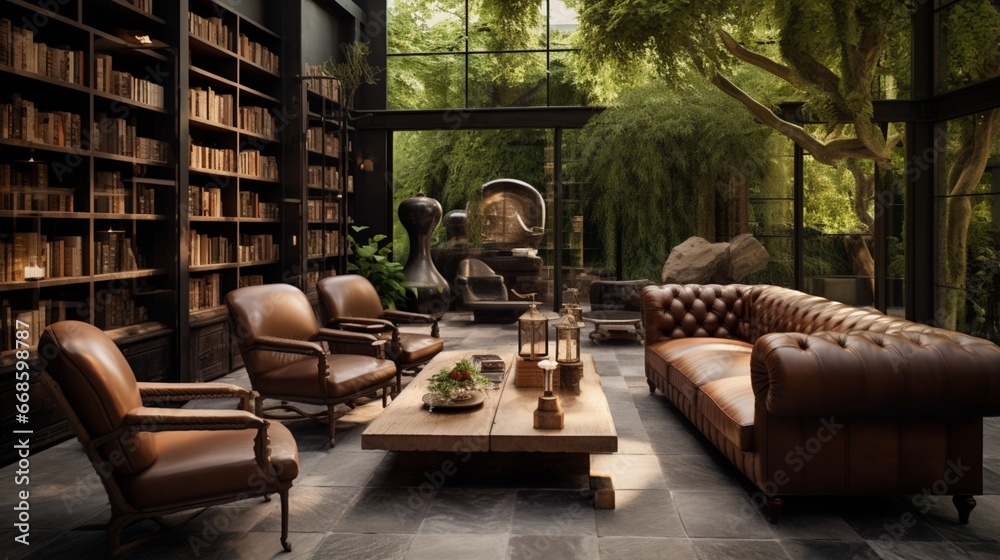 A private outdoor whiskey tasting lounge with leather armchairs and a curated selection.
