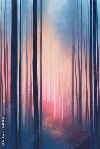  Foggy forest background with coniferous trees. Vector illustration.