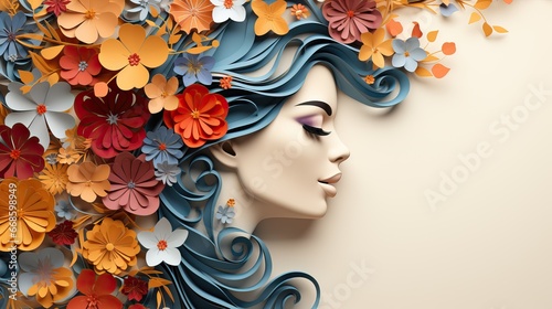 Illustration d'un visage et de fleurs en papier découpé avec espace de copie pour la journée internationale de la femme. photo