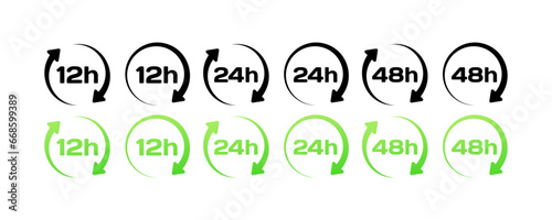 12, 24, 48 o'clock hands in a circle. Different styles, circular hands, 12, 24, 48 hours. Vector icons