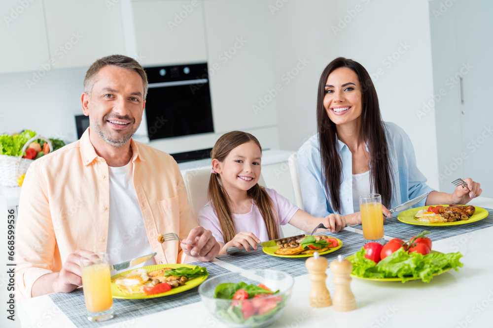 Photo of smiling positive wife husband little girl enjoying meals together indoors apartment kitchen Photo of smiling positive wife husband little girl enjoying meals together indoors apartment kitchen