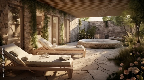 A private outdoor spa retreat with heated stone loungers and aromatic gardens.