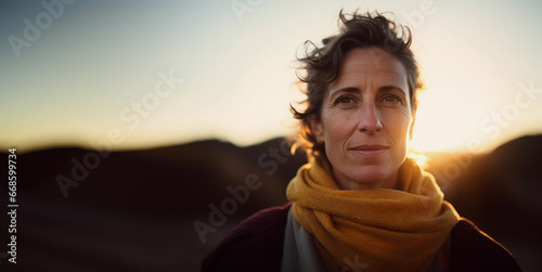 Lifestyle portrait of hopeful mature woman with short hair standing alone outside for mental health wellness, enjoying solitude  photo