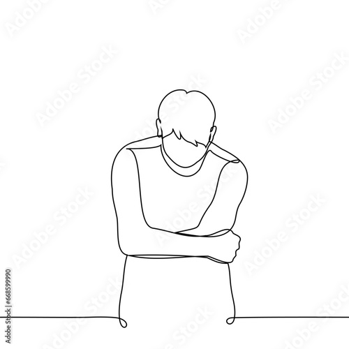 man bent over with his head down hugging himself - one line art vector. concept of self-comfort, stomach pain, cowering from the cold
