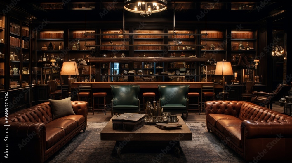 A private outdoor whiskey lounge with leather armchairs and a curated selection. - obrazy, fototapety, plakaty 