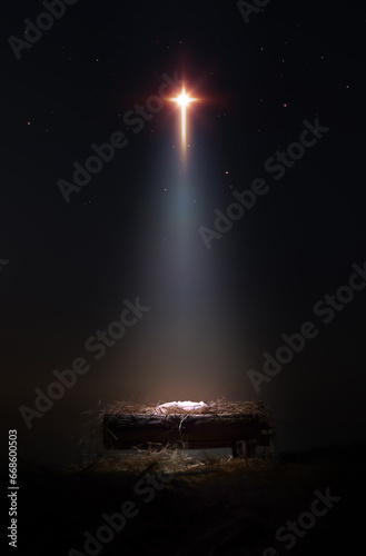 Fotografia A bright and large star shines brightly, blessing baby Jesus in the manger of the stable