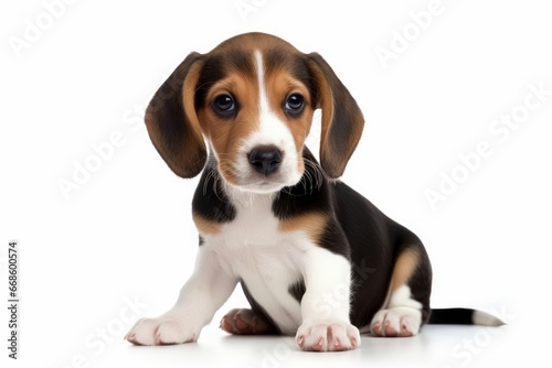 Photo of a playful Beagle puppy with floppy ears on a spotless white surface. Generative AI © Aditya