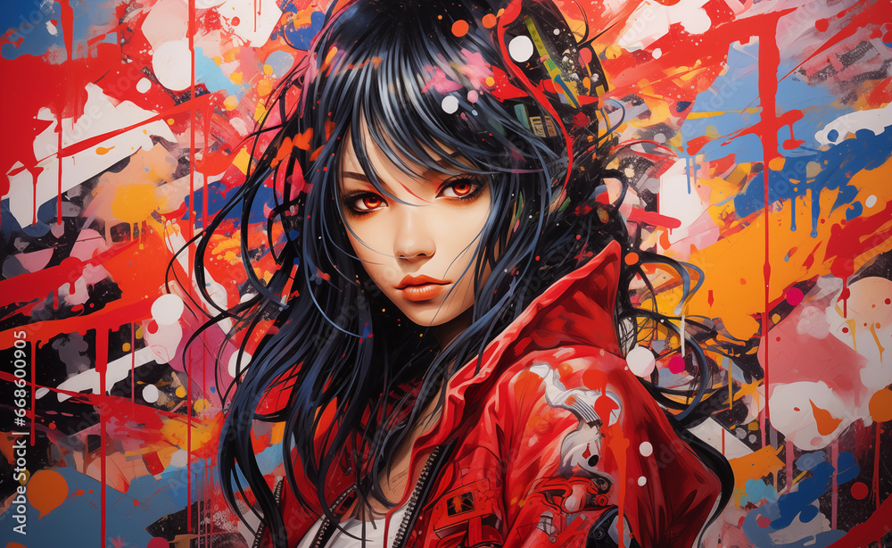 Beautiful anime girl character who is a talented graffiti artist. Design her with a fashionable and urban style.