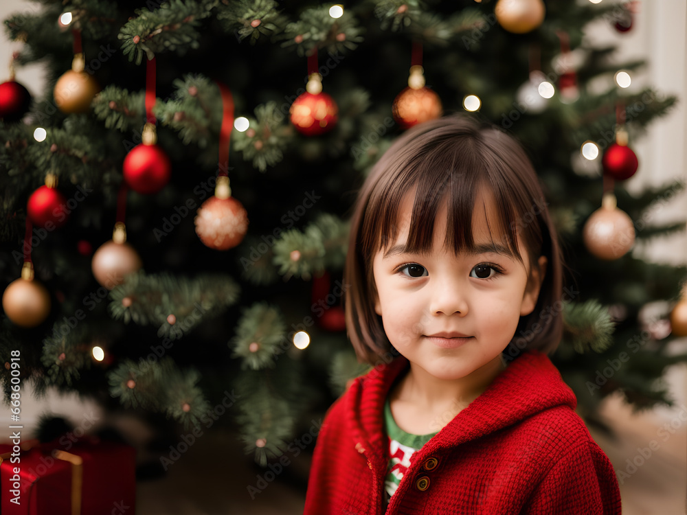 Little girl enjoying Christmas in winter in front of a beautifully decorated Christmas tree Little girl enjoying Christmas in winter in front of a beautifully decorated Christmas tree
