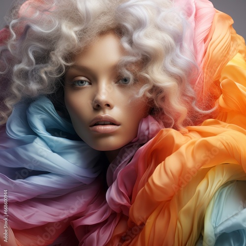 A Stylish Woman with Silver Locks and a Vibrant Rainbow Coloured Scarf - High fashion editorial shoot