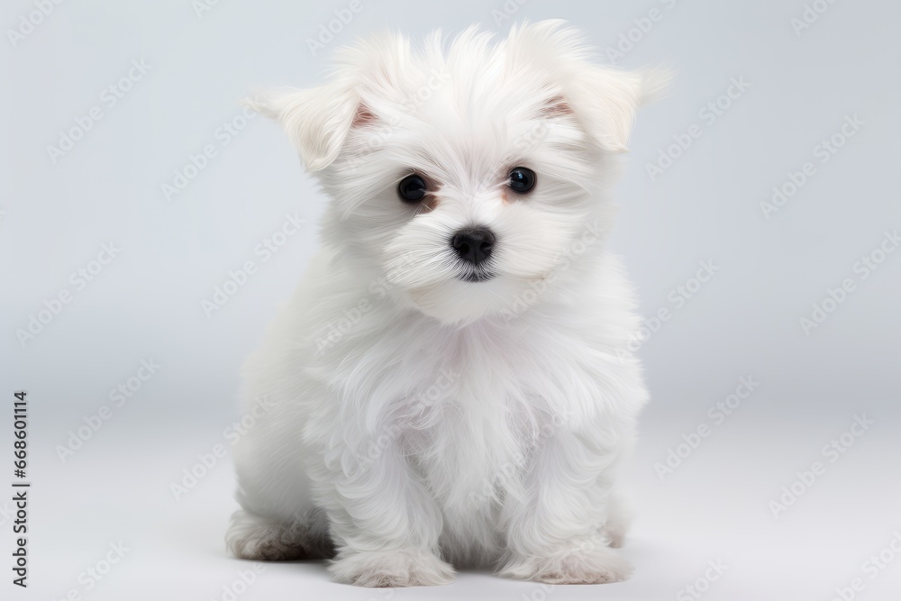 Photo of a playful maltese puppy on a spotless white surface. Generative AI - obrazy, fototapety, plakaty 