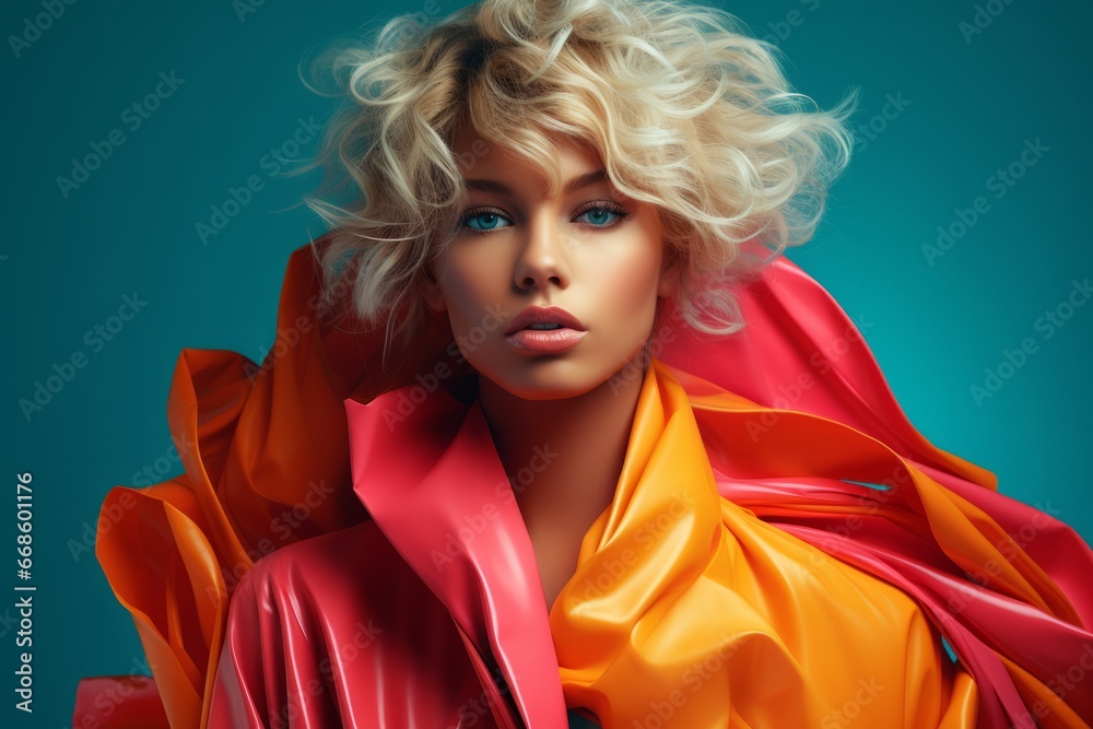Fashionable Woman in a Vibrant Red Jacket with Blonde Hair and a Chic Style against a blue background - High fashion editorial shoot Fashionable Woman in a Vibrant Red Jacket with Blonde Hair and a Chic Style against a blue background - High fashion editorial shoot
