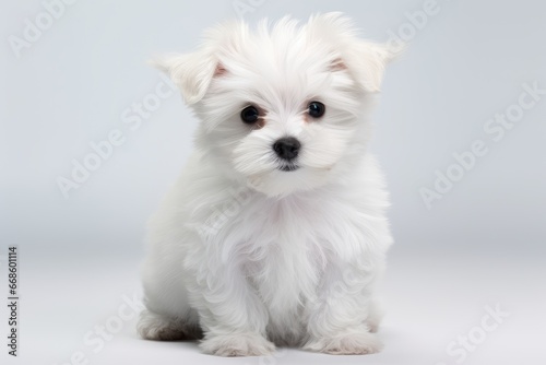 Photo of a playful maltese puppy on a spotless white surface. Generative AI photo