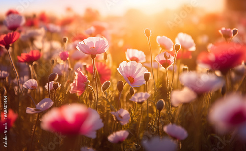 Flower field in sunlight, spring or summer garden background in closeup macro.